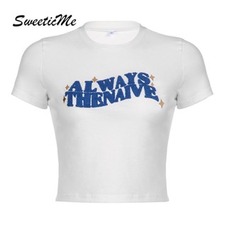 Sweeticme เสื้อยืดลําลอง แขนสั้น คอกลม พิมพ์ลายตัวอักษร แฟชั่นสําหรับสตรี 2023