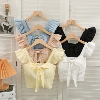 เสื้อครอปสั้น เอวลอย ประดับโบว์ สไตล์ฝรั่งเศส สําหรับผู้หญิง CWN