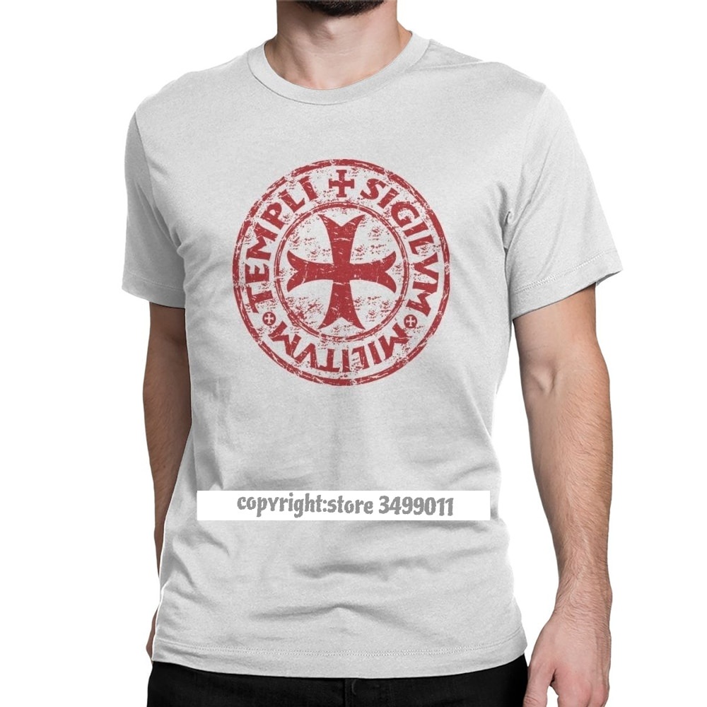 RNลายน่ารัก ♂YchenYSS s Shop Knights Templar เสื้อยืดผู้ชายผ้าฝ้าย Vintage Tee เสื้อ O คอซีลสัญลักษณ