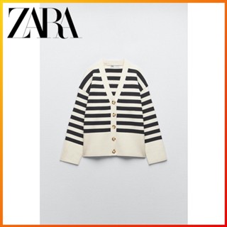 Zara ใหม่ เสื้อแจ็กเก็ตถัก แขนยาว คอวี ลายทาง สําหรับผู้หญิง