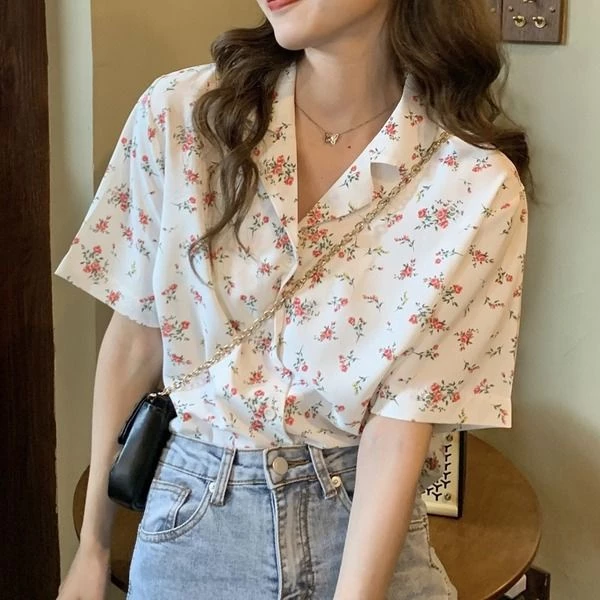 เสื้อเชิ้ตชีฟองแขนสั้น ลายดอก มีปก สไตล์ ins thumbnail 5