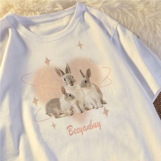 TOP CT【💘💘】Korean loose retro oversize T-shirt love rabbit printed cotton short-sleeved top for women