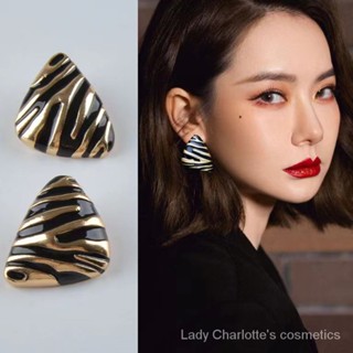 [0427] Accessible Luxury Close Friend Entry Lux Girlfriend Qi Wei Same Product Vintage Zebra Stripe Earrings Leopard Print Black Gold Plated Geometric Triangle Silver Stud Earrings