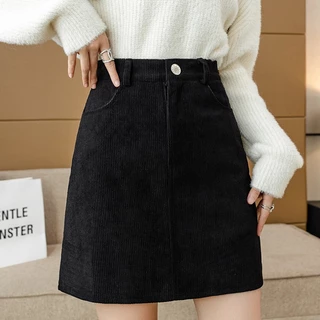พร้อมส่ง กระโปรงสั้น ทรงเอ ผ้าลูกฟูก มีซับใน แฟชั่นสไตล์ มินิมอล