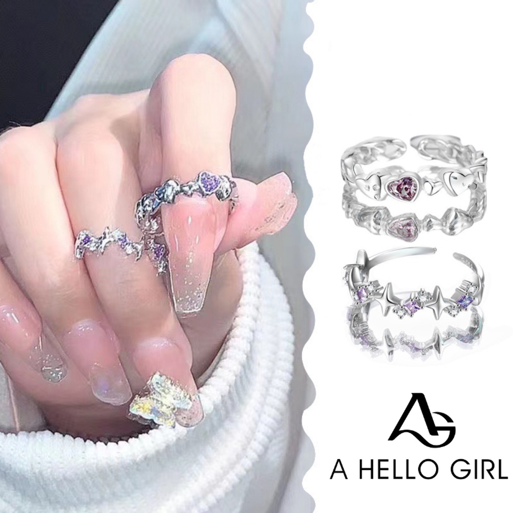A HELLO GIRL แหวนเพทาย รูปดาวสี่แฉก ประดับเพชร สีม่วง สไตล์เกาหลี หรูหรา สําหรับผู้หญิง