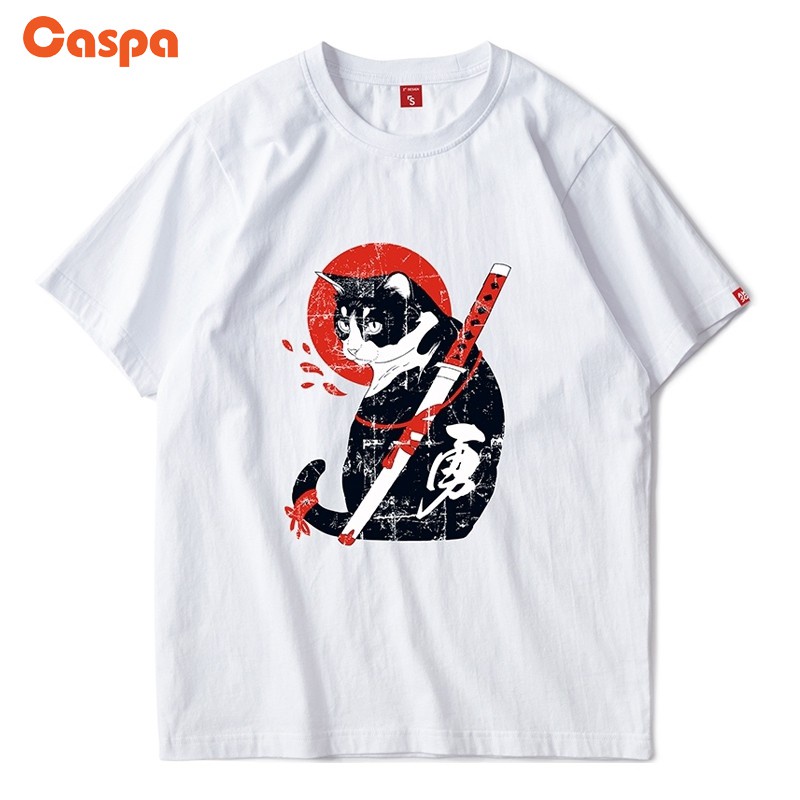 good Caspa เสื้อยืดสกรีน ลายสกรีน แมว ( ซามูไร ) เสื้อคอกลมแขนสั้นผ้าฝ้าย - M470T