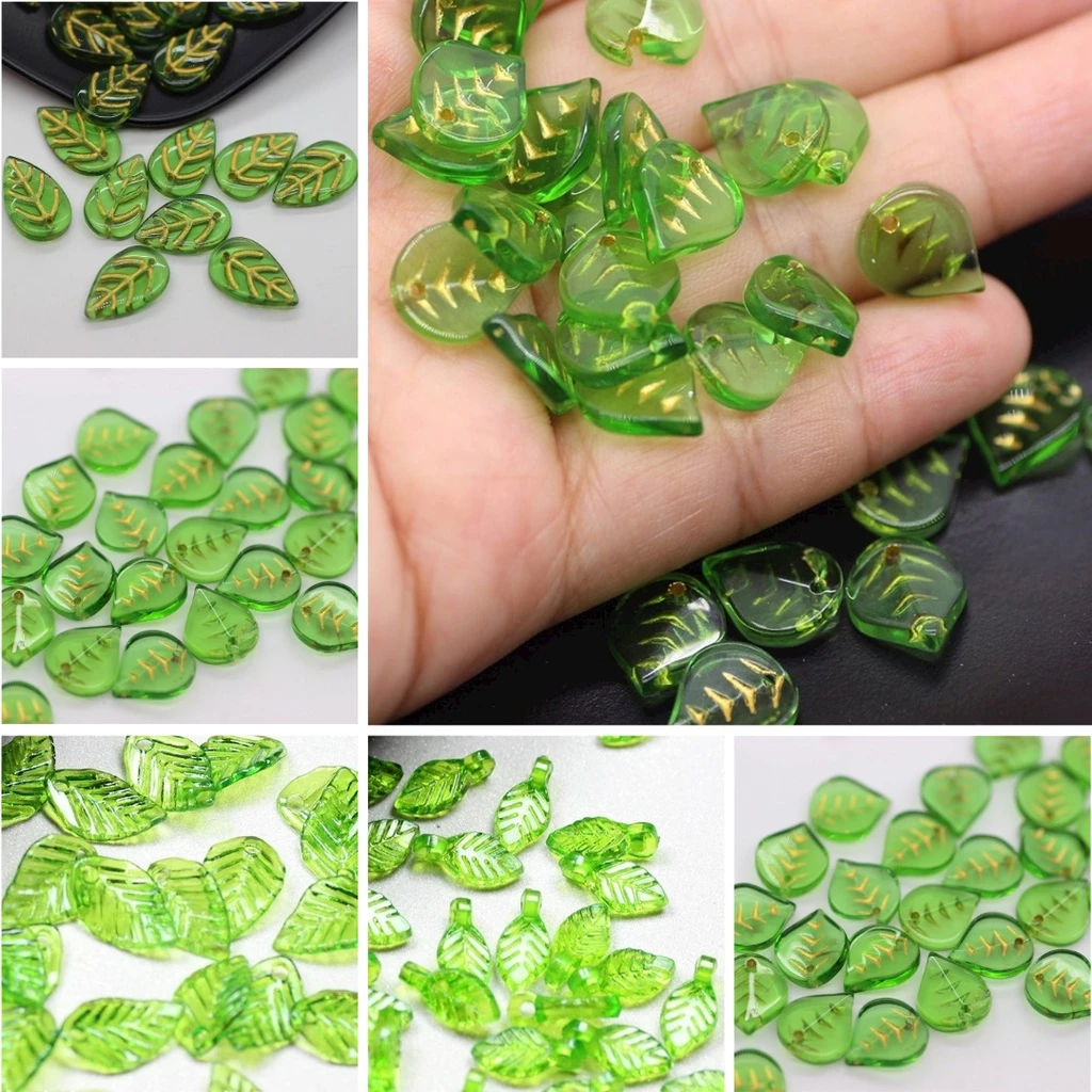 จี้ลูกปัดแก้ว รูปใบไม้ สีทอง สร้างสรรค์ สําหรับทําเครื่องประดับ DIY 50 100 ชิ้น