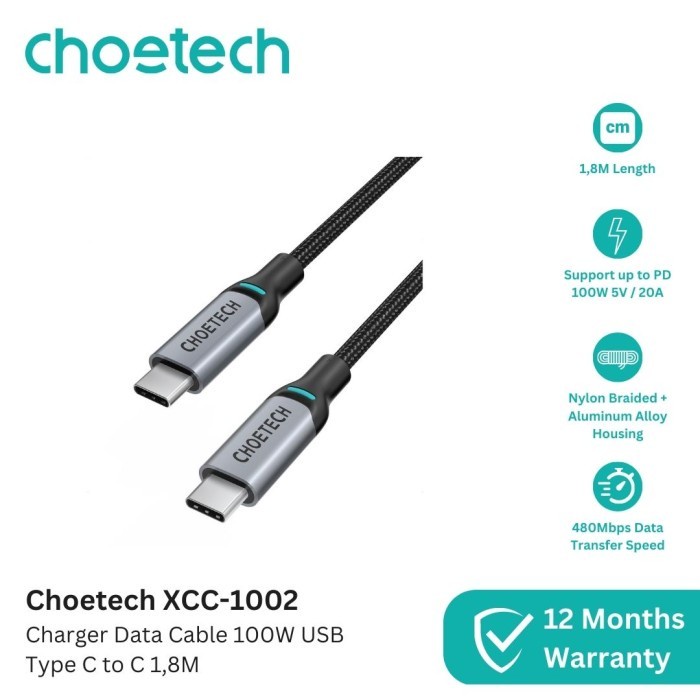 Choetech XCC-1002 สายชาร์จ 100W 5A PD USB Type C เป็น C 1.8 ม. 180 ซม.