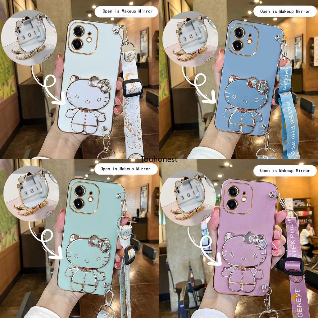 For Apple เคสไอโฟน iPhone 11 Pro Max เคส iPhone 6 Plus Casing iPhone X Case iPhone XS max Case iPhone 6S Plus Case iPhone XR Case Vanity Mirror Cute Hello Kitty Anime Stand Wrist Band With Metal Sheet Phone Cover Cassing Case Cases SK โต๊ะเครื่องแป้ง
