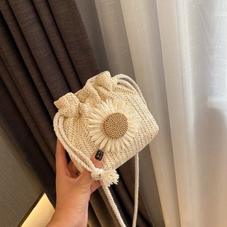 Tas Anyaman Jerami Mini Premium Lucu Motif Bungan Matahari Tali Serut Tas Wanita Diamond Bagmaker DMTS100