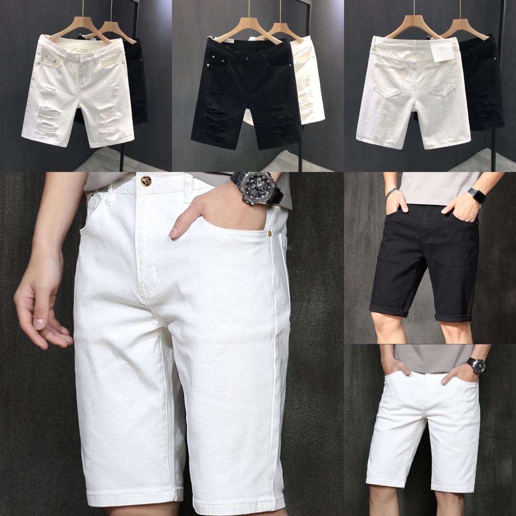 กางเกงยีนส์ขาสั้นผู้ชาย เข้ารูป สีขาว สไตล์เกาหลี แฟชั่นฤดูร้อน กางเกงขาสั้นผู้ชาย
