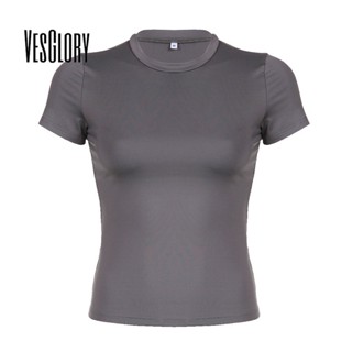 Vesglory เสื้อครอปท็อปลําลอง คอกลม แขนสั้น เข้ารูป สีพื้น เข้ากับทุกการแต่งกาย แฟชั่นสําหรับสตรี 2023