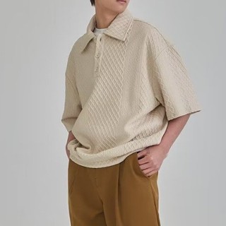 เสื้อโปโลแขนสั้น คอปก ผ้าตาข่าย ลายทาง วาฟเฟิล ทรงหลวม สไตล์…