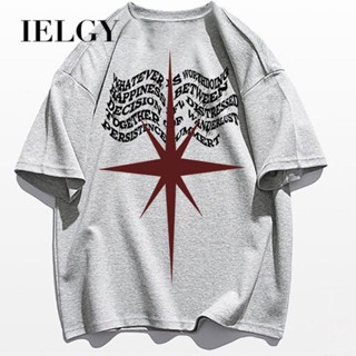 IELGY เสื้อยืดแขนสั้น ทรงหลวม พิมพ์ลายตัวอักษร คลื่น เรียบง่าย