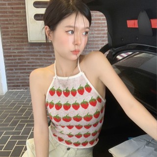 เสื้อสายเดี่ยว เปิดไหล่ ปักลายสตรอเบอร์รี่ สีคอนทราสต์ สไตล์วินเทจ สุดชิค เหมาะกับฤดูร้อน สําหรับผู้หญิง