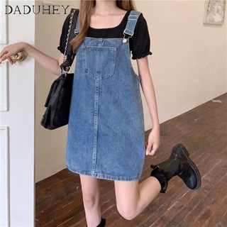 DaDuHey🎈 Denim Dress Womens Summer New Korean Style Slimming Suspender Dress Short Skirt Retro A- line Skirt