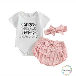 Babyclothes- ชุดจั๊มสูท รอมเปอร์ แขนสั้น พิมพ์ลายตัวอักษร และกางเกงขาสั้น ผ้าย่น ยืดหยุ่น ที่คาดผม ฤดูร้อน สําหรับเด็กผู้หญิง