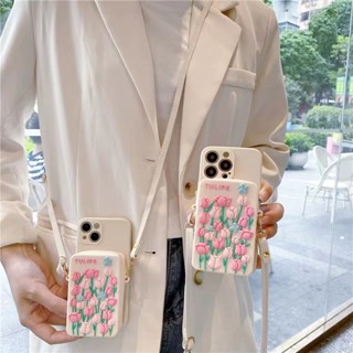 เคสโทรศัพท์มือถือหนัง ลายดอกทิวลิป มีซิป พร้อมสายสะพายข้าง หรูหรา สําหรับ iPhone 14 12 13 11 Pro MAX mini XR X XS MAX 5 5s 6 6s 7 8 Plus SE 2020 2022 SE2 SE3