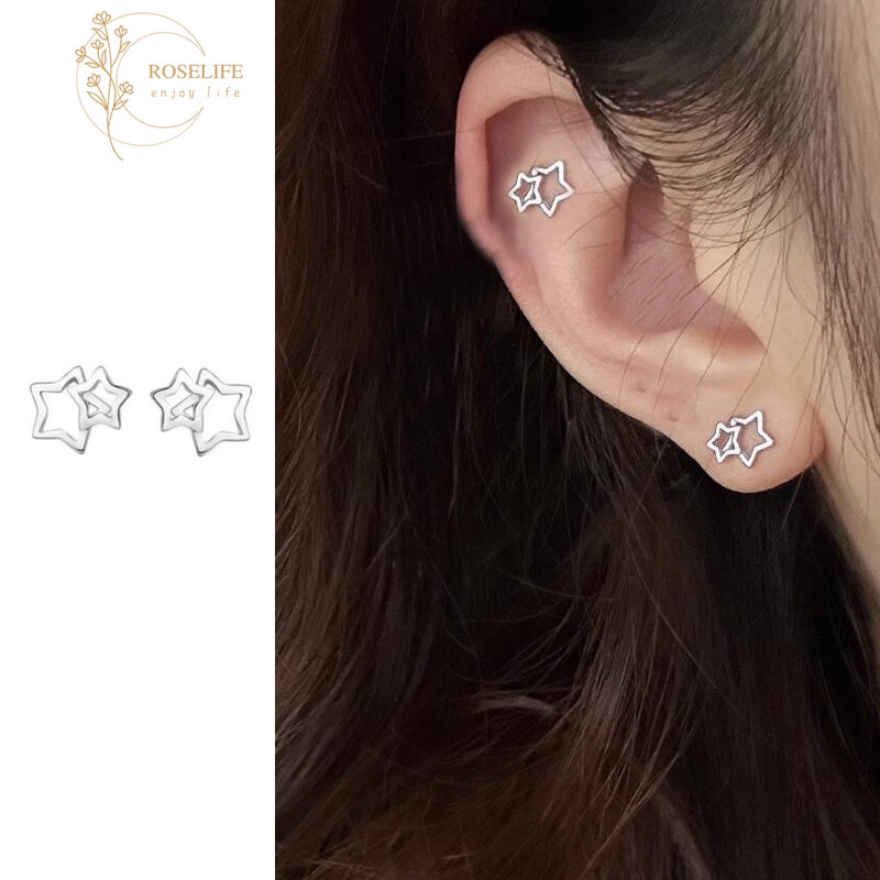 Roselife ต่างหูสตั๊ด เงิน S925 จี้รูปดาวคู่ กลวง ขนาดเล็ก สไตล์เกาหลี เครื่องประดับ สําหรับผู้หญิง 1 คู่