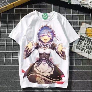 Re:Zero เสื้อยืดอนิเมะ Rem และ Ram เสื้อยืดพิมพ์ลายผู้ชายและผู้หญิงผ้าฝ้าย 100% อนิเมะยอดนิยมแฟน ๆ Re:Zero ต้องมี