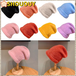 SHOUOUY หมวกบีนนี่ ผ้าถัก ผ้ากํามะหยี่ขนนิ่ม สีพื้น เหมาะกับหน้าหนาว สําหรับกลางแจ้ง