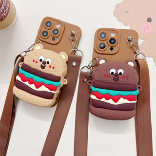 3D กันกระแทก สําหรับ Samsung Galaxy Note20 Ultra Note10+ Note10 plus Note9 Note8 Note10lite S10lite J7Pro เคสมือถือ Soft TPU Case เคสป้องกัน Cute Cartoon Hamburger Bear Coin Purse เปลือกซิลิคอน ป้องกันการตก มีเชือกแขวนอยู่