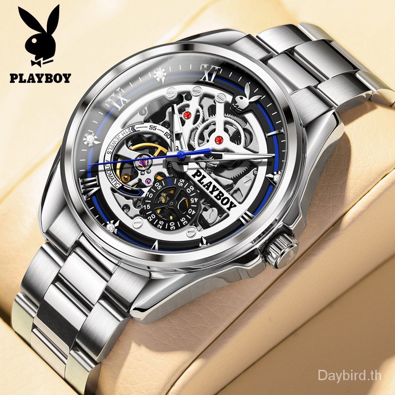 Playboy นาฬิกาข้อมืออัตโนมัติ พร้อมกล่องของขวัญ เรืองแสง กันน้ํา 5ATM สําหรับผู้ชาย พร้อมส่ง