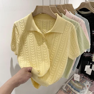 Xiao เสื้อกันหนาว คอปกโปโล แขนสั้น ผ้าเรยอน แว็กซี่ แบบนิ่ม ออกแบบดี แบบบาง เหมาะกับฤดูร้อน สําหรับผู้หญิง DRLU