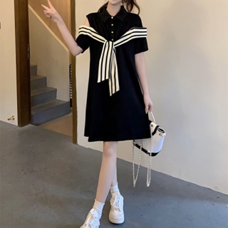 【Dress Oversized】(40-150kg) ชุดมินิเดรส เปิดไหล่ คอโปโล ทรงหลวม สไตล์เกาหลี พลัสไซซ์