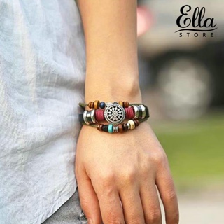 Ellastore123 สร้อยข้อมือเชือกถัก ลูกปัดหลายชั้น ปรับได้ สไตล์โบโฮ สําหรับผู้หญิง