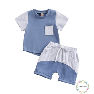 Babyclothes- ชุดเสื้อยืดคอกลม แขนสั้น กางเกงขาสั้น เอวยางยืด สีตัดกัน แฟชั่นฤดูร้อน สําหรับเด็กผู้ชาย