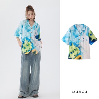 MANSA blue cat print shirt เสื้อโอเวอร์ไซส์ พิมพ์แมว เสื้อเชิ๊ต