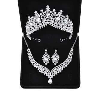 [0511]HG New European and American Bride Ornament Necklace and Earrings Suite Cross-Border Hot Alloy Diamond Three-Piece Set Wedding Dress Accessories M2PX