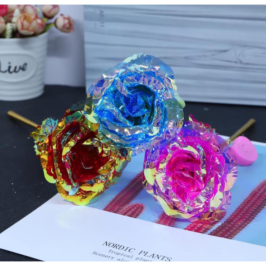 ดอกกุหลาบประดิษฐ์ ฟอยล์คริสตัล สีทอง 24K พร้อมไฟ Led หลากสี สําหรับตกแต่งบ้าน วันวาเลนไทน์ - รูปที่ 7