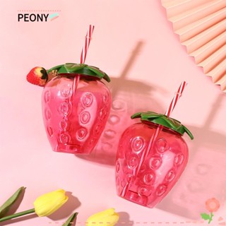 Peony ขวดน้ําพลาสติก ลายการ์ตูนสตรอเบอร์รี่น่ารัก เกรดอาหาร 500 มล. พร้อมฝาปิด เหมาะกับฤดูร้อน สําหรับใส่ชา กาแฟ นม