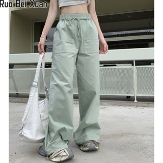 Ruo Bei Xuan ผู้หญิงใหม่อเมริกันถนนกระเป๋าขนาดใหญ่ Drawstring เท้ากว้างขา Workwear กางเกงลำลองแห้งเร็ว