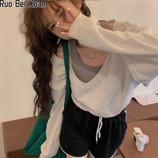 Ruo Bei Xuan เสื้อสเวตเชิ้ตใหม่ของผู้หญิงทรงหลวมสไตล์เกาหลีแบบไม่มีสายหนัง