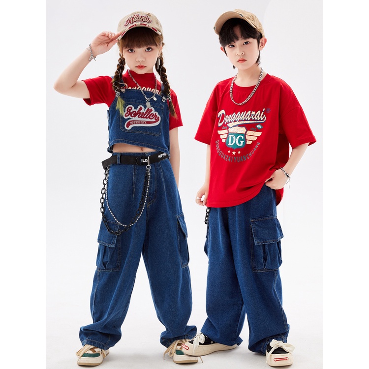 ชุดเครื่องแต่งกายเต้นรําแจ๊ส เสื้อกั๊กยีน ทรงหลวม สไตล์ฮิปฮอป แนวสตรีท สําหรับเด็กผู้หญิง และเด็กผู้ชาย