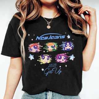 Newjeans Powerpuff Girls Album Get Up เสื้อยืดลําลอง ผ้าฝ้าย แขนสั้น คอกลม พิมพ์ลายการ์ตูน ทรงหลวม สไตล์เกาหลี แฟชั่นสําหรับผู้ชายและผู้หญิง