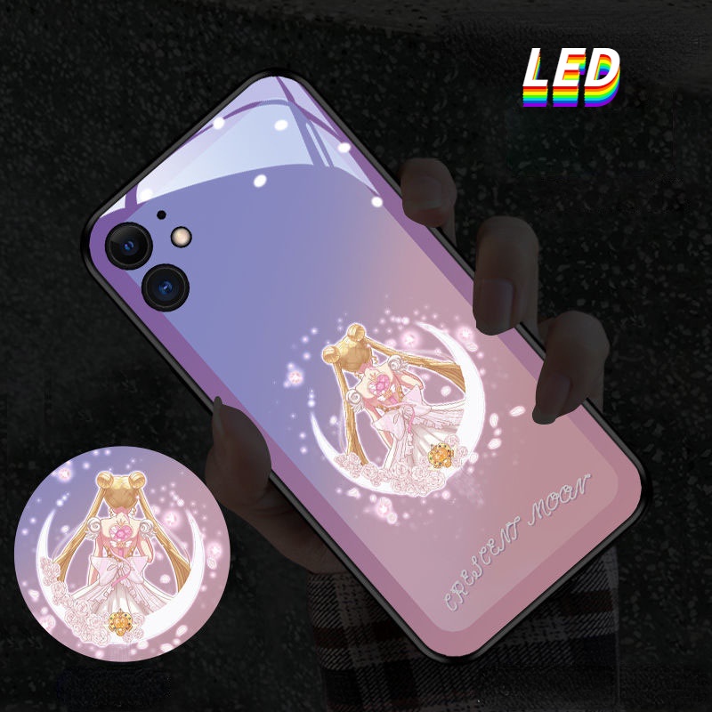 Mg เคสโทรศัพท์มือถือแบบแก้ว มีไฟกระพริบ LED ลายการ์ตูนเซเลอร์มูน สําหรับ iPhone 15promax 14Promax 14Plus 13Promax 12ProMax 7plus 8plus XR XS X XSMAX 11ProMax 11pro