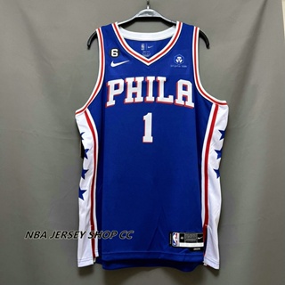 【คุณภาพสูง】ใหม่ ของแท้ NBA Philadelphia 76ers สําหรับผู้ชาย #1 เสื้อกีฬาแขนสั้น ลายทีมชาติสวิงแมน James Harden 2022-23