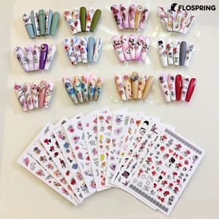 Flospring สติกเกอร์ ลายดอกไม้ ผีเสื้อ 2D สวยหรู สําหรับติดตกแต่งเล็บผู้หญิง 12 ชิ้น