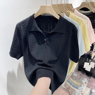 Xiao เสื้อกันหนาว คอปกโปโล แขนสั้น ผ้าเรยอน แว็กซี่ แบบนิ่ม ออกแบบดี แบบบาง เหมาะกับฤดูร้อน สําหรับผู้หญิง DRLU