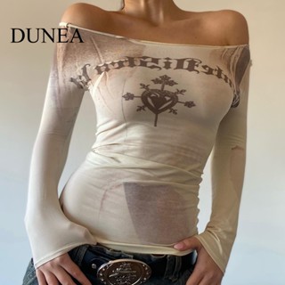 Dunea เสื้อแขนยาว เปิดไหล่ พิมพ์ลายตัวอักษร เซ็กซี่ สําหรับผู้หญิง