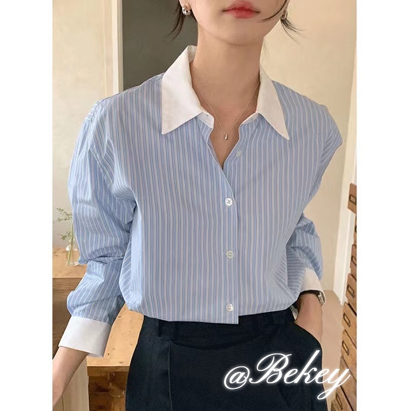 【ประเทศไทยจัดส่ง & จุด】เสื้อแขนยาวลำลอง แถบ หลวม แฟชั่นฤดูใบไม้ผลิ เสื้อสไตล์เกาหลี ผู้หญิงยืนปกลำลอง จัดส่งจากไทย🇹🇭