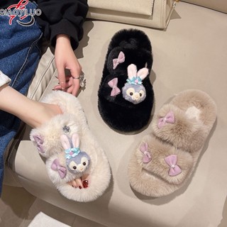QiaoYiLuoรองเท้าแตะ สตรีน่ารักโบว์เชือกด้านนอกเพิ่มความอบอุ่นในฤดูหนาวพื้นรองเท้าหนานุ่มกันลื่นสำหรับสวมใส่ในบ้านผ้าฝ้ายสามารถลากในบ้านได้สีใส