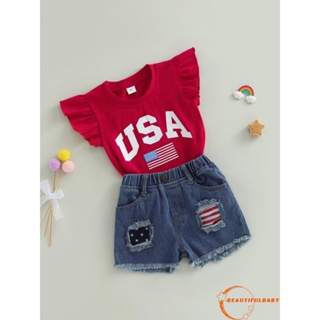 Beautym-4th of July ชุดเสื้อยืดยีน แขนสั้น พิมพ์ลายธงชาติดาว แต่งรอยขาด กางเกงขาสั้น สําหรับเด็กผู้หญิง 2 ชิ้น