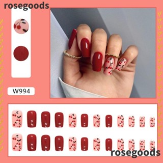 Rosegoods1 เล็บปลอมแฟชั่น ทรงสี่เหลี่ยม ลายเชอร์รี่ ถอดออกได้ สําหรับผู้หญิง