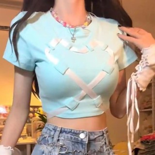 [พร้อมส่ง] Tiffany Blue !!! [Love Laced-up] เสื้อยืดแขนสั้น เปิดไหล่ สไตล์ฮ่องกง สําหรับผู้หญิง PC5Y