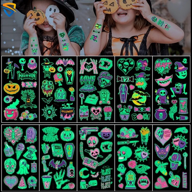 สติกเกอร์รอยสักชั่วคราว ลายฟักทองผี ค้างคาว ฟักทอง เรืองแสงในที่มืด สําหรับเด็ก 1 แผ่น